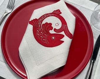 Red Fish Applique Linen Dinner Napkin,  Marine Life Linen Cloth Dinner Napkins, Sold in Set of 6/12