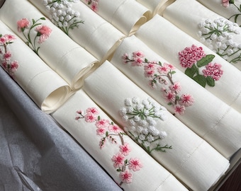 Hand Embroidered Dinner Napkins Set of 12, Botanical Flowers in pink, Hand Embroidered Linen Cloth Napkins