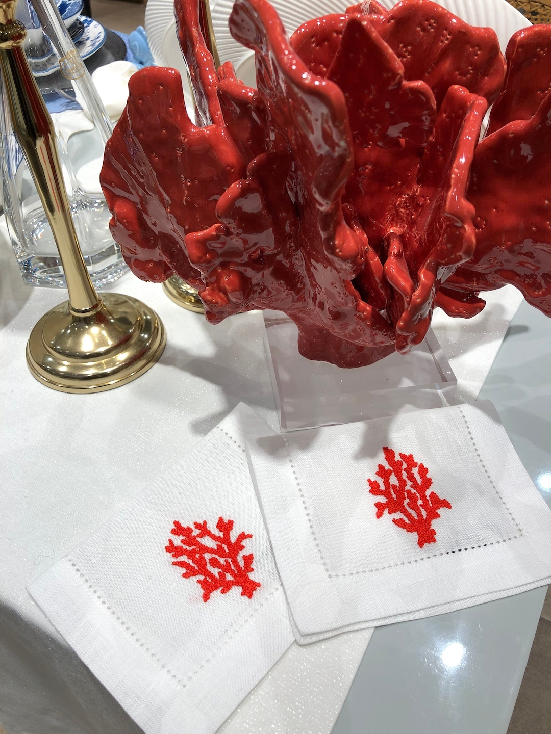 Set of 6 Coral Hand Embroidered Cocktail Napkins, Wedding Napkin Set