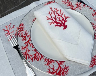 Coral Embroidered Placemat and Napkin Set, Linen Cloth Dinner Set