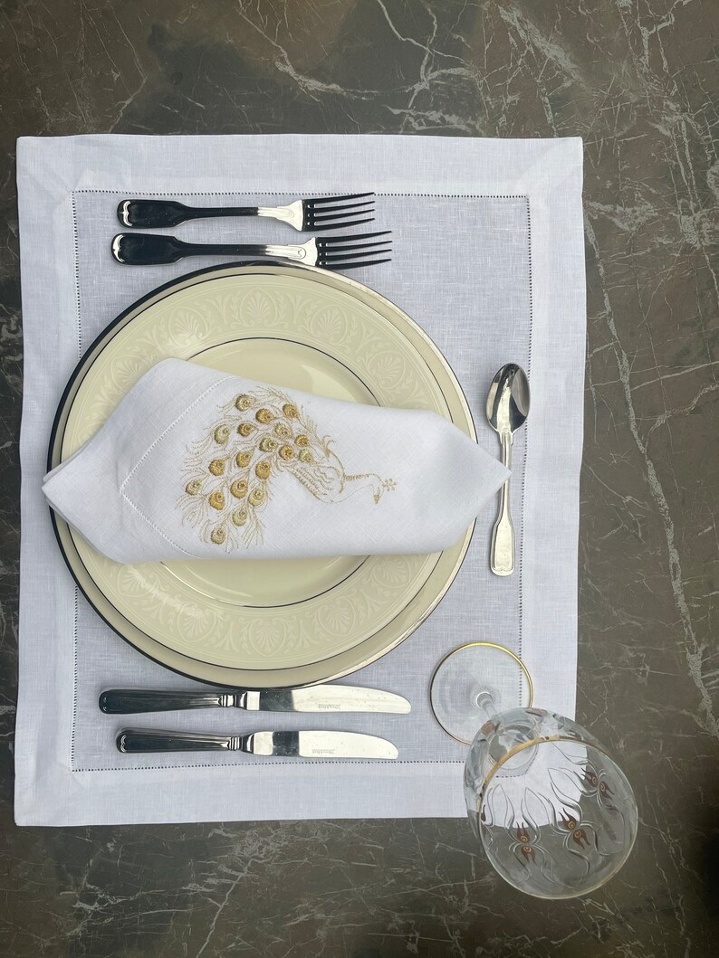 Linen Gold Embroidered Dinner Napkins and Placemat, Gold Peacock