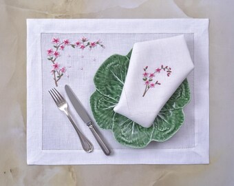 Cherry Blossoms-Linen Placemat and Napkin with hand embroidered cherry blossoms- Set of 6 placemats and 6 napkins