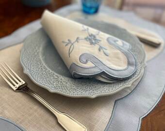 Linen Lace Dinner Napkins and Placemats, Elegant Applique Embroidered Placemats and Napkins, Set of 6 Placemats&Napkins