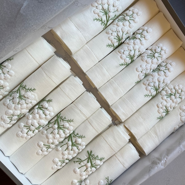 Serwetki obiadowe z motywem dzikiej pietruszki, haftowane ręcznie, zestaw 6/12 sztuk, lniane serwetki