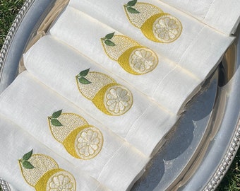Hand Embroidered Lemon  Napkins, Set of 6 Linen Dinner Napkins