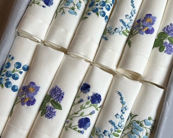 Hand Embroidered Dinner Napkins- Set of 12, Floral hand Embroidered Linen Cloth Napkins, Botanical Linen Napkins