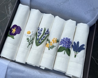 Flower Bouquet - Hand embroidered Linen Guest Towels, Sold in set of 6
