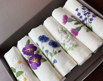 Hand Embroidered Flower Cocktail/Tea Napkins, Set of 6, Linen Cloth Cocktail Napkins, Hand Embroidered Coasters