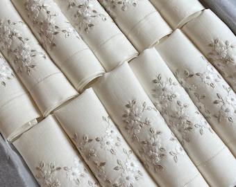 Hand Embroidered Napkins, Acacia Flowers in Metallic Colors, Set of 6, Embroidered Dinner Napkins