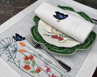 Hand Embroidered Linen Placemat and Napkin Sets  Hand Embroider Placemat&Napkins