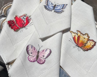 Butterflies - Butterfly embroidered Linen Dinner Napkins, Set of 4