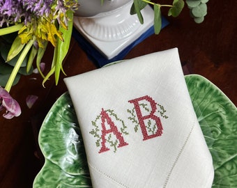 Servilleta reutilizable de lino bordado con monograma, servilletas de boda de tela personalizadas, bordado de monograma de letras de punto de cruz- Carta