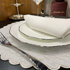 Linen Snowflake Embroidered Placemat &Napkin Set,  Linen Embroidered Napkins, Cocktail Napkin Set, Elegant Table Mats SetTable Decor
