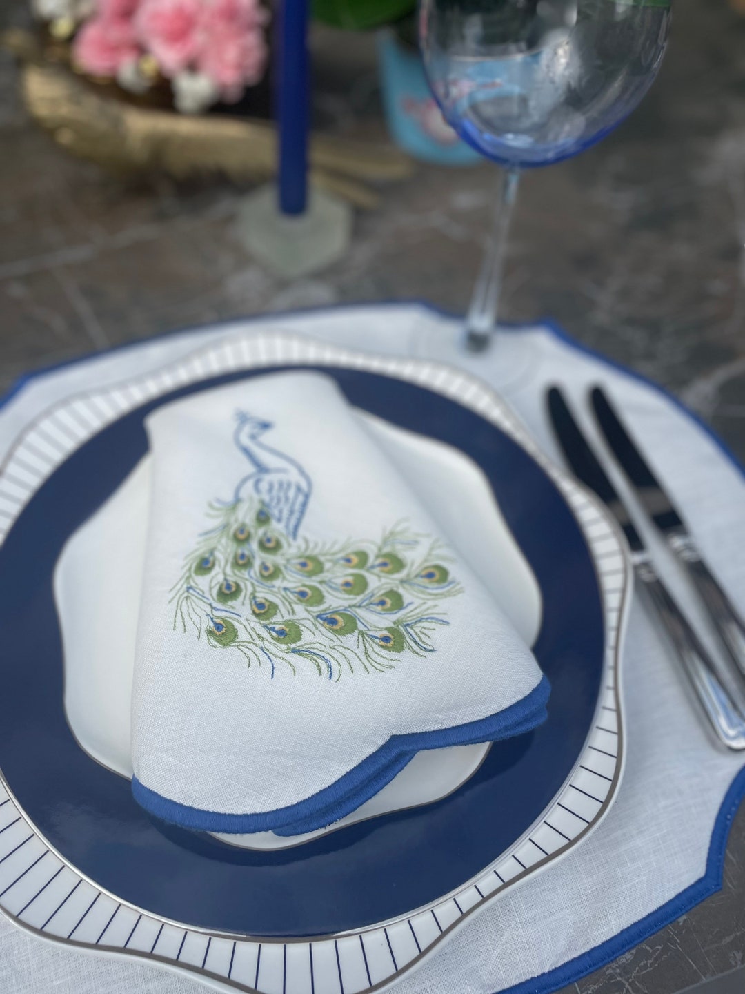 Linen Embroidered Dinner Napkins and Placemat Elegant Peacock Etsy