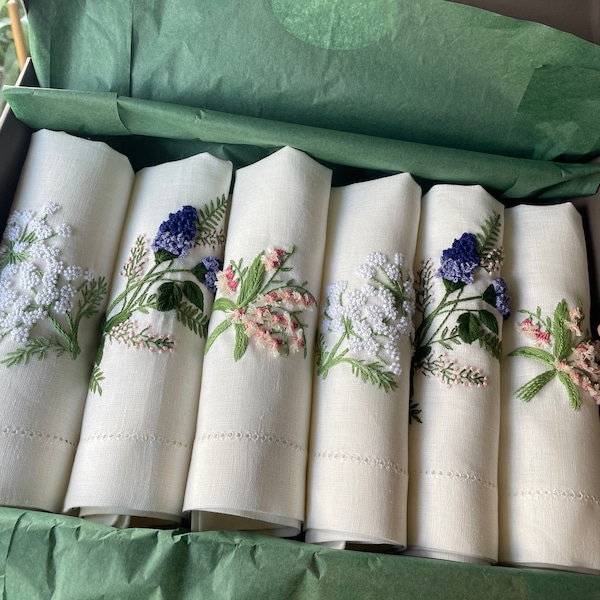 Zestaw 6 wiosennych kwiatów haftowanych ręcznie, wielokrotnego użytku serwetek, haftowanych kwiatów, serwetek stołowych, prezentów do nowego domu