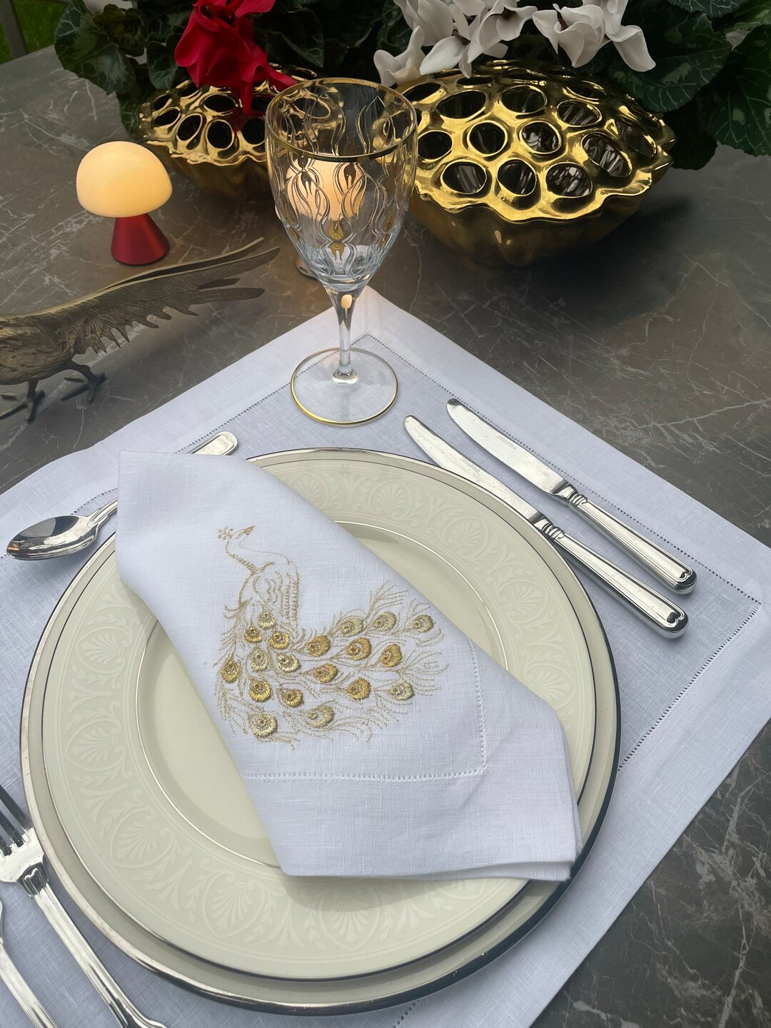 Linen Gold Embroidered Dinner Napkins and Placemat, Gold Peacock