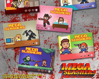Enamel Pins - MEGA-SLASHERS - 8-Bit Style Enamel Pins - Megaman: Jason Voorhees, Freddy Krueger, Myers, NEW, Nintendo, Atari
