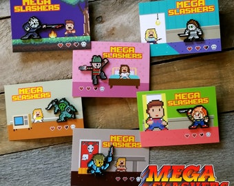 Enamel Pins - MEGA-SLASHERS - ALTERNATE Colors - 8-Bit Style Enamel Pins - Megaman: Jason Voorhees, Freddy Krueger, Myers
