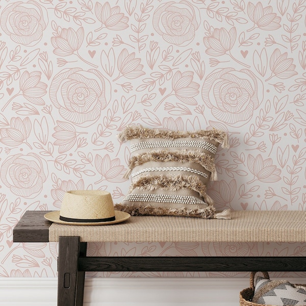 Blush Roses Wallpaper | Removable Self Adhesive Botanical Wallpaper | Floral Peel and Stick or Pre-Pasted Wallpaper | Eco Friendly