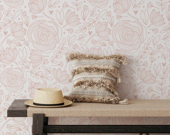 Blush Roses Wallpaper | Removable Self Adhesive Botanical Wallpaper | Floral Peel and Stick or Pre-Pasted Wallpaper | Eco Friendly