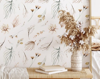 Modern Botanical Wallpaper | Removable Self Adhesive Watercolor Wallpaper | Neutral Floral Peel and Stick or Pre-Pasted Wallpaper