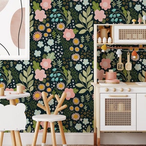 Girls Funny Flowers Wallpaper | Removable Self Adhesive Dark Floral Wallpaper | Pink Modern Peel and Stick or Pre-Pasted Wallpaper | Eco