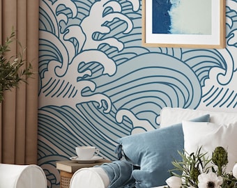 Blue Waves Wallpaper | Removable Self Adhesive Waves Wallpaper | Peel and Stick or Pre-Pasted Wallpaper