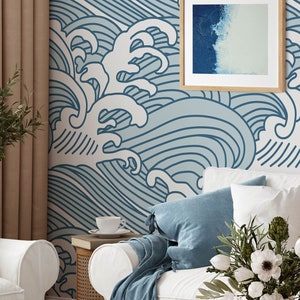 Blue Waves Wallpaper | Removable Self Adhesive Waves Wallpaper | Peel and Stick or Pre-Pasted Wallpaper