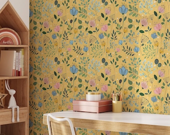 Yellow Garden Wallpaper | Removable Self Adhesive Botanical Wallpaper | Floral Peel and Stick or Pre-Pasted Wallpaper | Eco Friendly