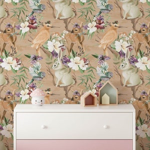 Deer and Bunny Wallpaper | Removable Self Adhesive Forest Animals Wallpaper | Peel and Stick or Pre-Pasted Wallpaper