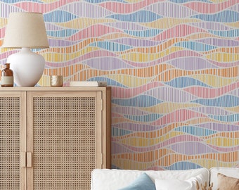 Summer Waves Wallpaper | Removable Self Adhesive Scandinavian Colorful Wallpaper | Wavy Stripes Boho Peel and Stick or Pre-Pasted Wallpaper