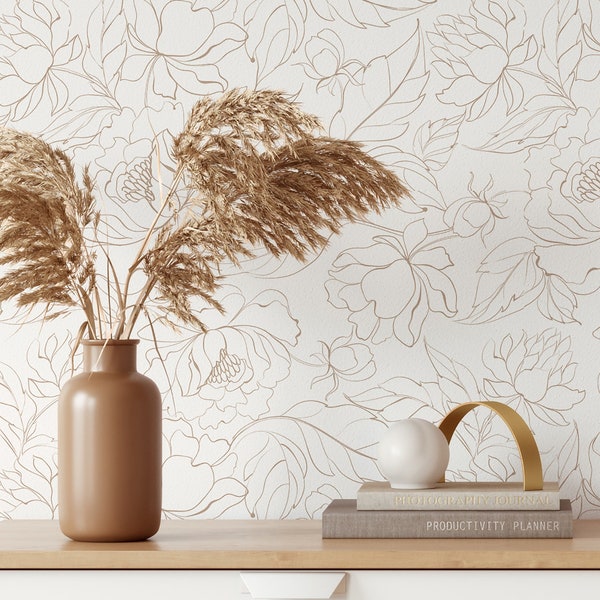 Boho Peonies Wallpaper | Removable Self Adhesive Minimalistic Wallpaper | Floral Peel and Stick or Pre-Pasted Wallpaper | Eco Friendly