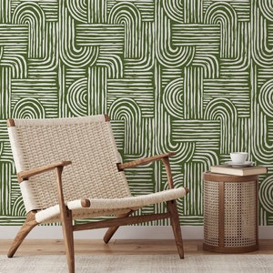 Green Abstract Lines Wallpaper | Removable Self Adhesive Sage Boho Wallpaper | Geometrical Rounded Lines Peel and Stick or Pre-Pasted