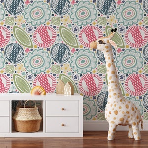 Bright Summer Wallpaper | Removable Self Adhesive Botanical Wallpaper | Floral Rural Style Garden Peel and Stick or Traditional Wallpaper
