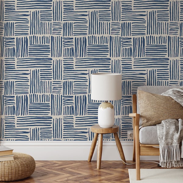 Blue Contemporary Wallpaper | Removable Self Adhesive Abstract Lines Wallpaper | Geometrical Elegant Peel and Stick Wallpaper | EcoFriendly