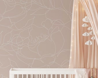 Bloemenlijnkunstbehang | Verwisselbaar zelfklevend pioenrozenbehang | Neutraal bloemenschil- en plak- of voorgeplakt behang