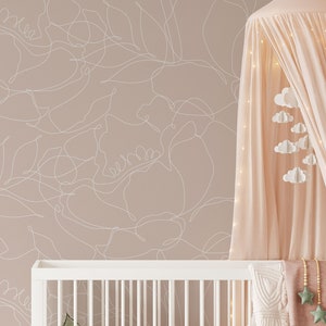 Floral Line Art Wallpaper | Removable Self Adhesive Peonies Wallpaper | Light Blush Neutral Floral Peel and Stick or Pre-Pasted Wallpaper