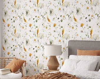 Yellow Flowers Garden Wallpaper | Removable Self Adhesive Botanical Wallpaper | Floral Peel and Stick or Pre-Pasted Wallpaper | Eco Friendly