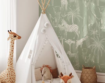Safari Sage Jungle Wallpaper, Removable Self Adhesive Jungle Animals Wall Mural with Elephant Giraffe Zebra, Peel and Stick Wallcovering