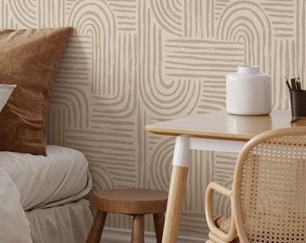 Minimalist Abstract Wallpaper | Removable Self Adhesive Beige Boho Wallpaper | Geometrical Rounded Lines Peel and Stick or Pre-Pasted