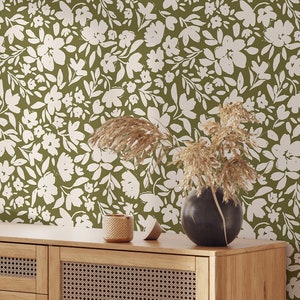 Green Boho Wallpaper | Removable Self Adhesive Botanical Wallpaper | Kids Room Floral Peel and Stick or Pre-Pasted Wallpaper | Eco Friendly