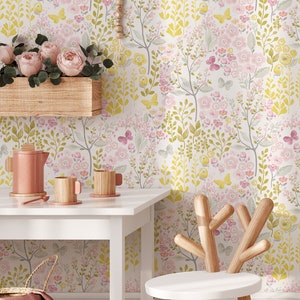 Frühling Schmetterlinge Wallpaper | Abnehmbare selbstklebende botanische Tapete | Florales Abziehen und Aufkleben oder Vorgeklebte Tapete | Umweltfreundlich