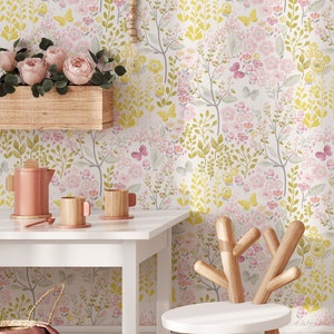 Spring Butterflies Wallpaper | Removable Self Adhesive Botanical Wallpaper | Floral Peel and Stick or Pre-Pasted Wallpaper | Eco Friendly