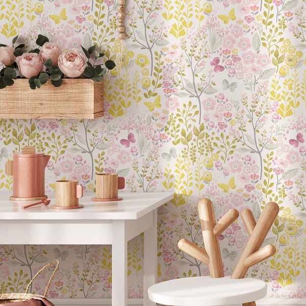 Spring Butterflies Wallpaper | Removable Self Adhesive Botanical Wallpaper | Floral Peel and Stick or Pre-Pasted Wallpaper | Eco Friendly