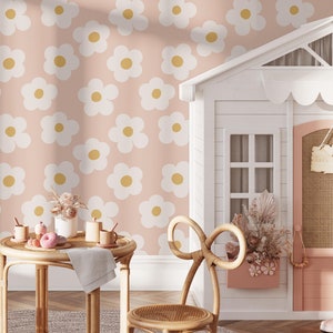 Gänseblümchen Tapete | Abnehmbares selbstklebendes Wandbild für Mädchen und Jungen | Minimalistische lustige Kinder schälen und kleben oder vorgeklebte Tapete