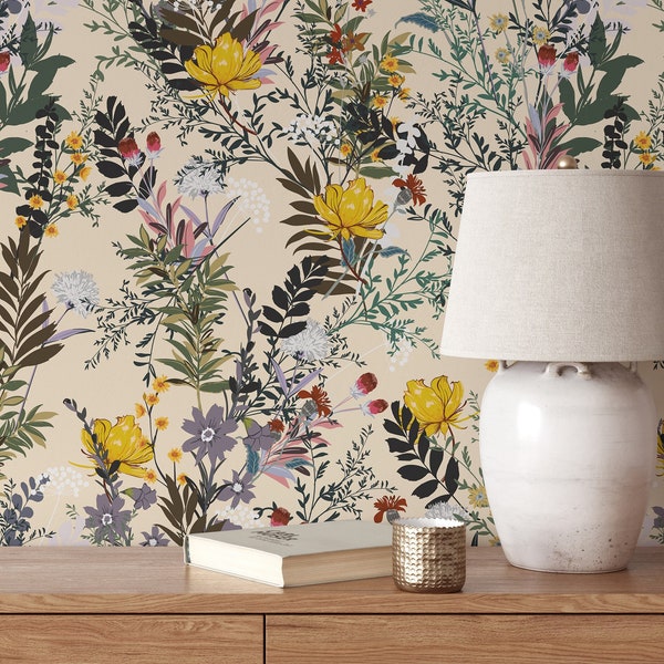 Blooming Floral Wallpaper | Removable Self Adhesive Botanical Wallpaper | Wildflowers Peel and Stick or Pre-Pasted Wallpaper | Eco Friendly