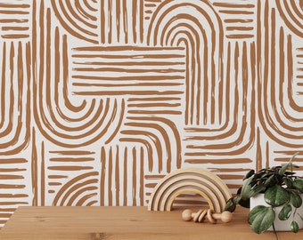 Minimalist Abstract Lines Wallpaper | Removable Self Adhesive Brown Boho Wallpaper | Geometrical Rounded Lines Peel and Stick or Pre-Pasted