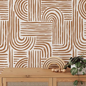 Minimalist Abstract Lines Wallpaper | Removable Self Adhesive Brown Boho Wallpaper | Geometrical Rounded Lines Peel and Stick or Pre-Pasted