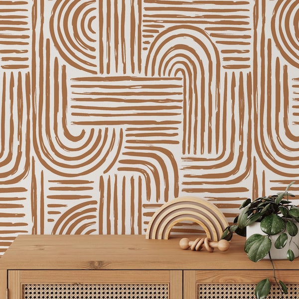 Minimalist Abstract Lines Wallpaper | Removable Self Adhesive Brown Boho Wallpaper | Geometrical Rounded Lines Peel and Stick or Pre-Pasted