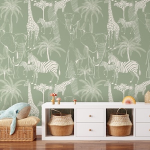 Safari Sage Jungle Wallpaper, Removable Self Adhesive Jungle Animals Wall Mural with Elephant Giraffe Zebra, Peel and Stick Wallcovering